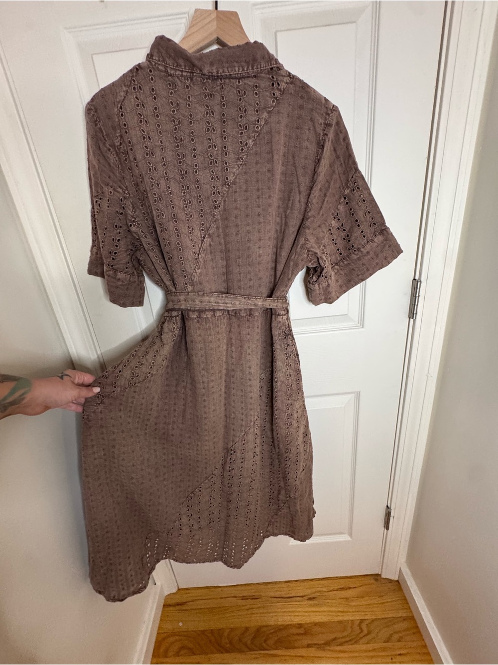 Disturbia Taupe Brown Eyelet Midi Shirt Dress with Tie Waist - Picture 3 of 5